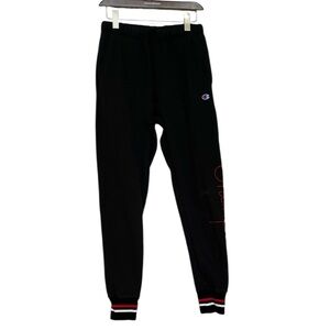Champion Unisex Retro Black Sweatpants w Red Embroider Logo & Striped Cuff Sz S